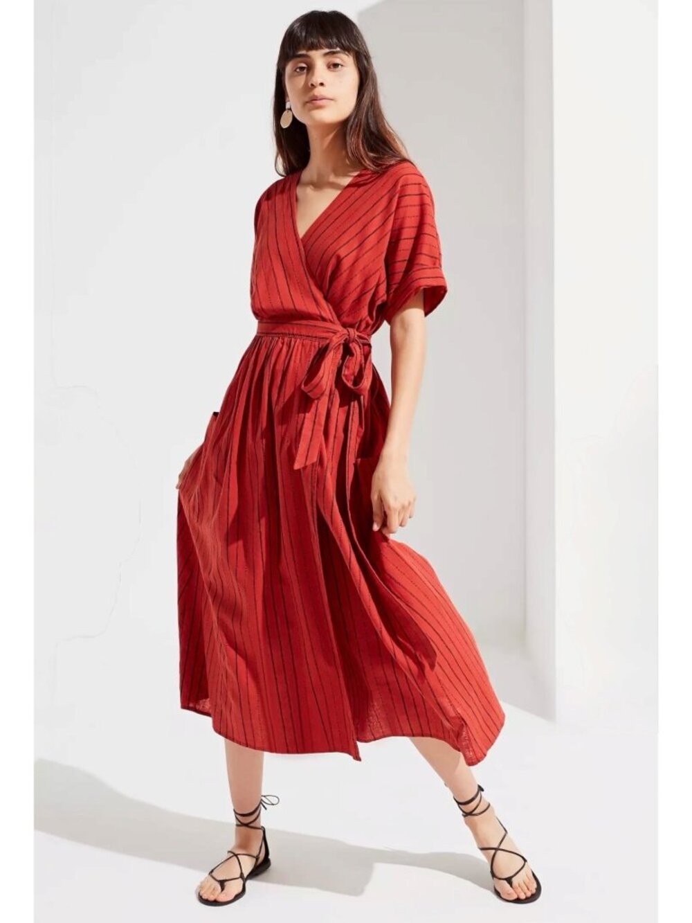UO Gabrielle Boho Linen Midi Wrap Dress Sz XS Striped Lagenlook